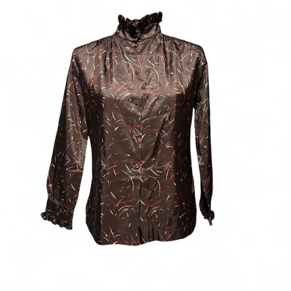 Elegant Brown Ruffle Collar Women's Top